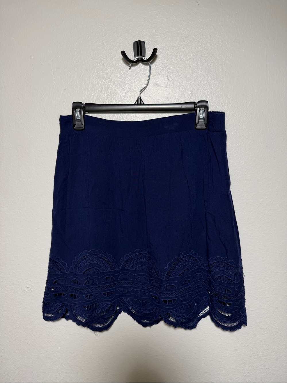 Skies Are Blue Navy Mini Skirt with Scalloped Lace Hem